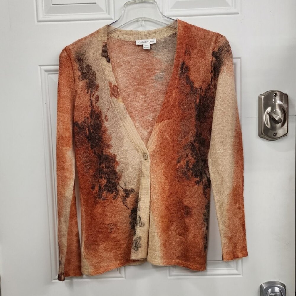 Coldwater Creek Orange, Cream & Brown Abstract Print Cardigan
